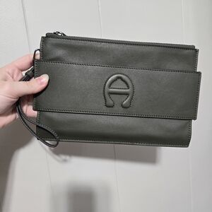 Etienne Aigner Olive Green Leather Wristlet